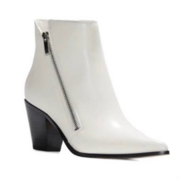 Paige White Leather Ankle Booties Size 8.5 Pointed Toe Block Heel - Picture 1 of 12